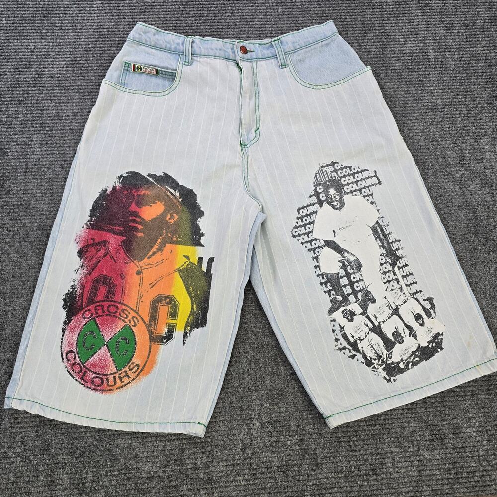 Cross Colours Shorts Mens 34 Light Wash Graphic Hip Hop Jorts Vintage 90's USA